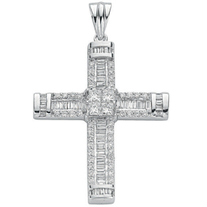 1.60 Carat Natural Baguette, Princess and Round Cut Diamonds Cross Pendant in Pave Setting