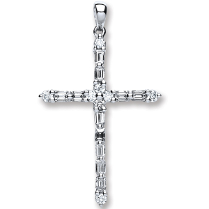 0.50 Carat Natural Baguette and Round Cut Diamond Cross Pendant in Claw Setting