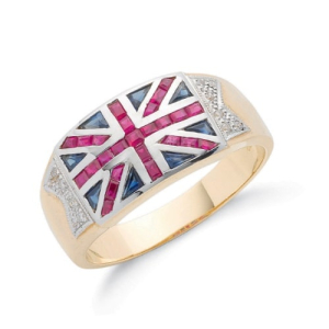 1.34 Carat Ruby Stone, Saaphire and Natural Round cut Diamond Union Jack Mens Ring 9k Gold  