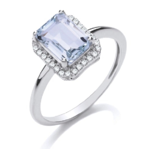 2.10 Carat Emerald  Cut Aquamarine Stone and Natural Round cut Diamond Ring 18k Gold  