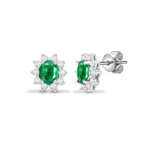 1.77 Carat Oval Cut Emerald Stone And Natural Round Cut Diamonds Earrings