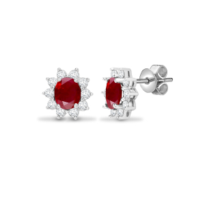 2.32 Carat Oval Cut Ruby Stone And Natural Round Cut Diamonds Earrings