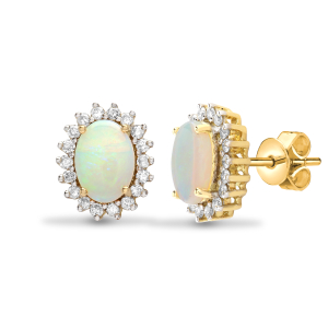 1.21 Carat Oval Cut Opal Stone And Natural Round Cut Diamonds Earrings