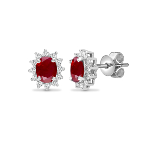 1.23 Carat Oval Cut Ruby Stone And Natural Round Cut Diamonds Earrings