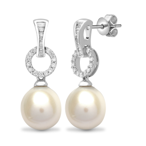 0.50 Carat Natural Round and Baguette Diamond Drop Pearl Earrings