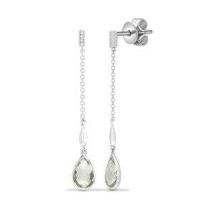 2.22 Carat Pear Cut Green Amethyst  Stone And Natural Round Cut Diamonds Drop Earrings