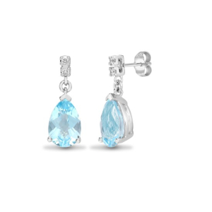 3.08 Carat Pear Cut Blue Topaz Stone And Natural Round Cut Diamonds Earrings