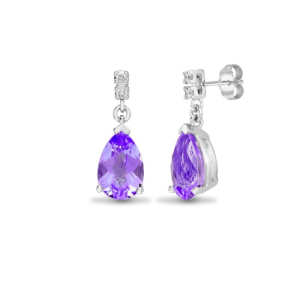 2.35 Carat Pear Cut Amethyst Stone And Natural Round Cut Diamonds Earrings