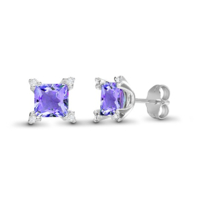 2.20 Carat Princess Cut Amethyst Stone And Natural Round Cut Diamonds Stud Earrings