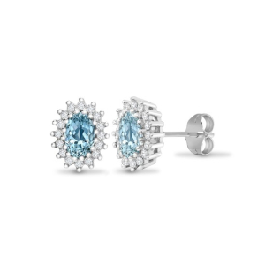 1.00 Carat Oval Cut Blue Toapz Stone And Natural Round Cut Diamonds Stud Earrings