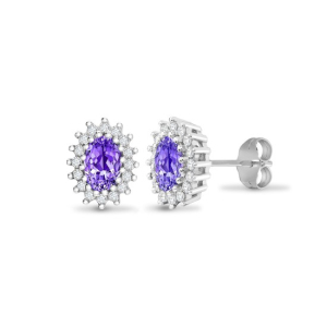 1.00 Carat Oval Cut Amethyst Stone And Natural Round Cut Diamonds Stud Earrings