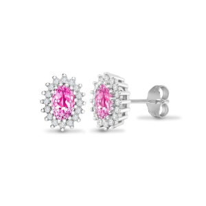 1.00 Carat Oval Cut Pink Sapphire Stone And Natural Round Cut Diamonds Stud Earrings