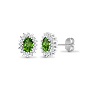 1.00 Carat Oval Cut Emerald Stone And Natural Round Cut Diamonds Stud Earrings
