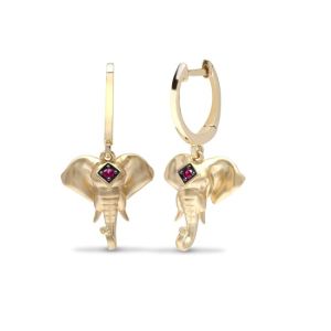 Natural Round Cut Ruby Claw-Set Elephant Shape Hoop Earrings