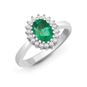 0.50 Carat Oval Cut Emerald Stone And Natural Round Cut Diamond Cluster-set Ring