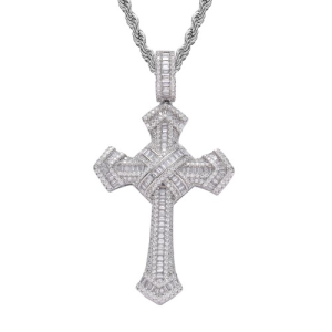 1.70 Carat F-G/SI Natural Round and Baguette Diamonds Designer Cross Pendant in 9k White Gold