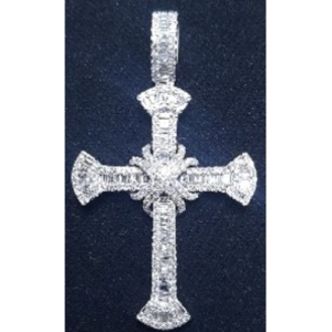 1.46 Carat F-G/SI Natural Round and Baguette Cut Diamonds Designer Cross Necklace in 9k White Gold