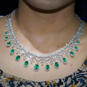 24.41 Carat Emerald and Natural Round, Oval, Marquise and Pear Cut Diamond Designer Tennis Necklace