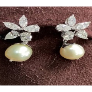 14.61 Carat Pearl and Natural Oval, Marquise and Pear Cut Diamond Drop Earrings