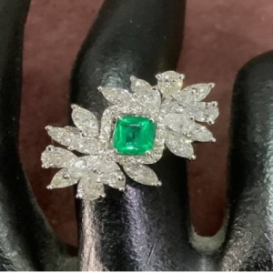 2.93 Carat Emerald Stone and Natural Round, Marquise and Pear Cut Diamond Statement Ring