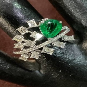 1.88 Carat Emerald Stone and Natural Round and Emerald Cut Diamond Statement Ring