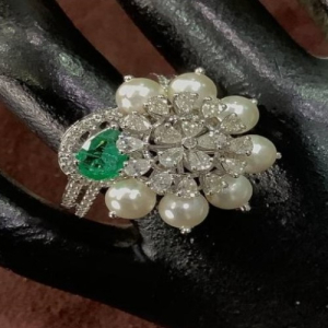 8.36 Carat Emerald Stone, Pearls and Natural Round and Pear Cut Diamond Statement Ring