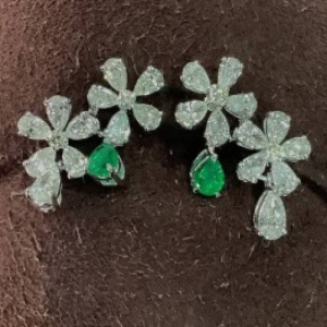 5.26 Carat Emerald and Natural Round and Pear Cut Diamond Cluster Earrings