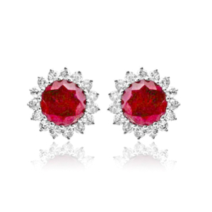 0.50 Carat Round Shaped Marron Color Ruby Halo Earrings With Diamond Set
