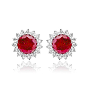 0.50 Carat Round Shaped Maroon Color Ruby Halo Earrings With Diamond Set