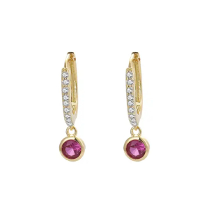 0.75 Carat Round Ruby With Diamond Set Hoop Earrings