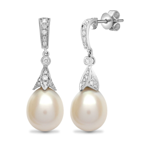 1.00 Carat Pearl Earrings With Natural Round Diamond Sets