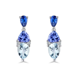2.84 Carat Mixed Shaped Gemstone Earrings in Blue Sapphire, Tanzanite & Aquamarine 