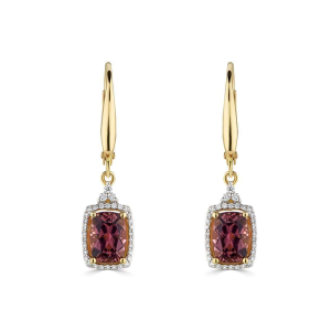 0.16 Carat Emerald Shaped Pink Tourmaline With Round Diamond Set Drop Earrings