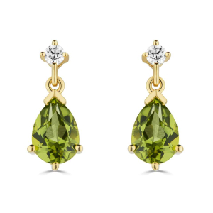 1.18 Carat Pear Shaped Peridot And Round Diamond Set Drop Earrings