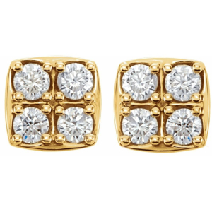 Fantasia Natural Yellow Gold 4 Prong Set Cluster Diamond Earrings
