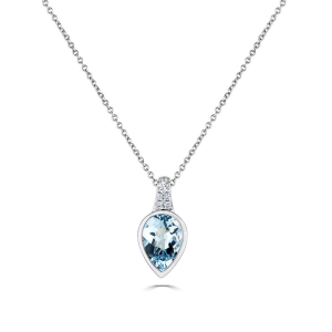 1.65 Carat Pear Shaped Aquamarine And Ruby Pendant With Round Diamond Set Pendant With Chain