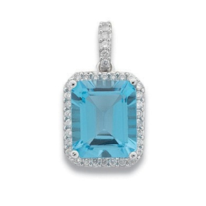 7.88 Carat Emerald Shaped Blue Topaz Gemstone With Round Diamond Set Pendant