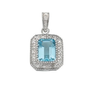 2.05 Carat Emerald Shaped Blue Topaz Gemstone With Round Diamond Set Pendant