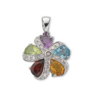 0.12 Carat Pear Shaped Multicoloured Gemstone And Round Diamond Set Flower Pendant
