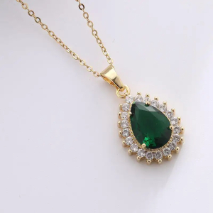 0.35-3.00 Carat Pear Shaped Emerald Gemstone With Round Diamond Set Pendant