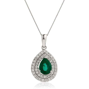 1.00 Carat Natural Pear Cut Emerald with Round Diamond Set Pendant in 18K Gold and Platinum With Claw Setting