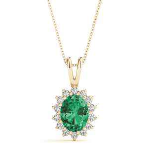 Vanessah Emerald Yellow Gold Prong Set Halo Pendant Necklace