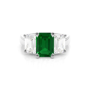 1.50 Carat Emerald Stone Emerald Cut Diamond Three Stone Diamond Ring