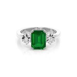 1.30 Carat Emerald Cut Emerald Stone with Round Cut Diamond as Side Stone Three Stone Diamond Ring