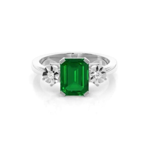 Dame Emerald 4 Prong 3 Stone Diamond Ring