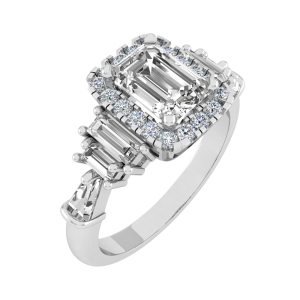 Nila Emerald Cut Halo Engagement With Baguette Side Stone
