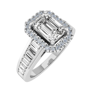 Sana Emerald Cut Halo Engagement Reverse Tapered Shoulder With Baguette Side Stone