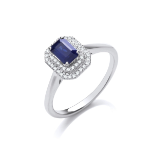 0.80 Carat Blue Sapphire Double Halo Diamond Ring