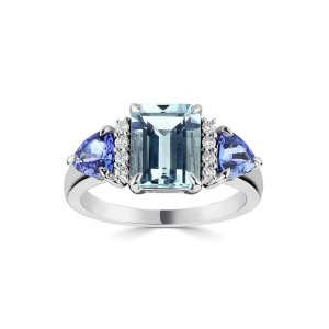 3.38 Carat Emerald Shaped Aquamarine And Tanzanite Gemstone Statement Ring