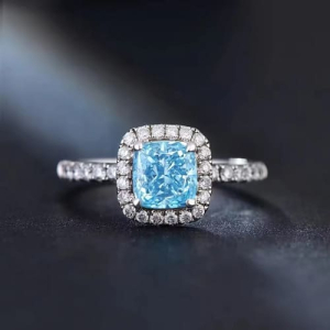 1.42 Carat Cushion Cut Bezel-set Aquamarine Stone and Round Cut Natural Diamond Cluster Ring 